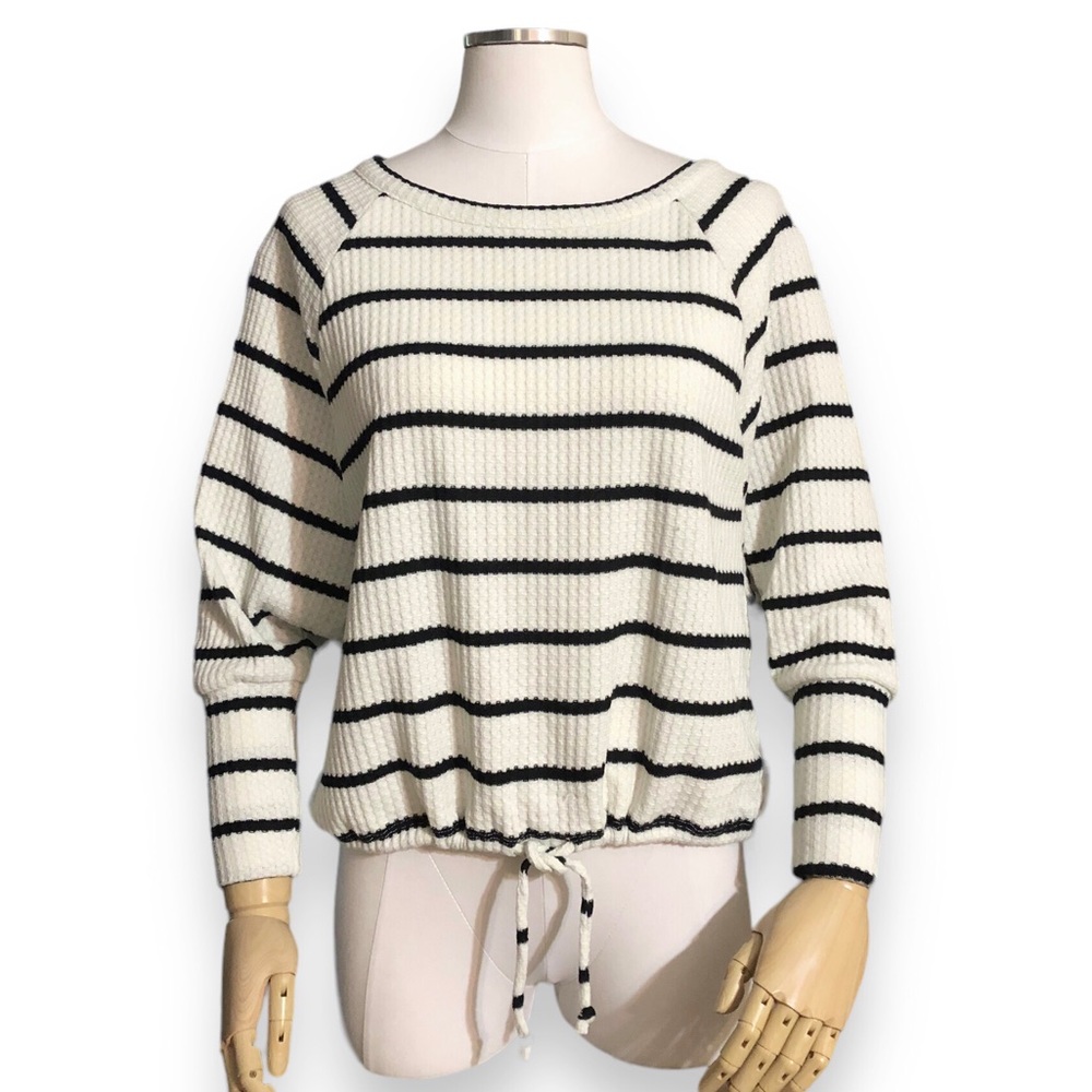 CHASER Striped Thermal Knit Boxy Tee in Cream and Black Stripe